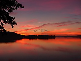 日落,湖,太陽