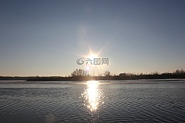 太陽,西,池塘