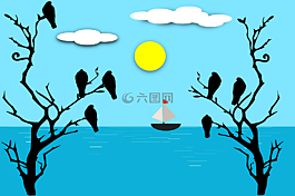 鳥,太陽,樹