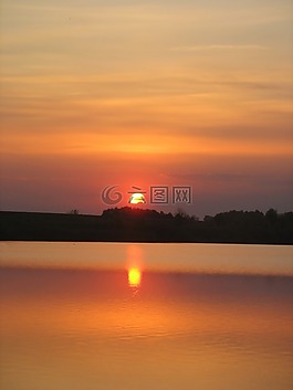 日落,湖,水