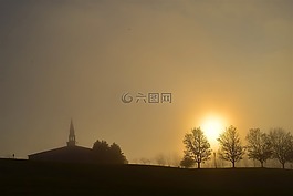 日出,朦朧,有霧