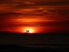 日落,帆船,海