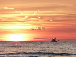 日落,帆船,海