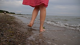 女孩,海灘,赤腳