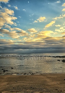海灘,日落,海洋