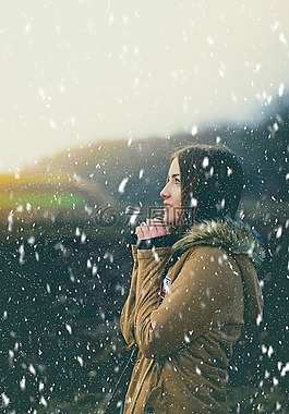 女孩,日落,雪
