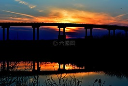 橋,夕陽,湖