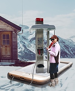 電話亭在雪地里,圖像處理,手機