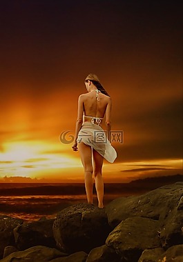 美麗的夕陽,女子,后視圖