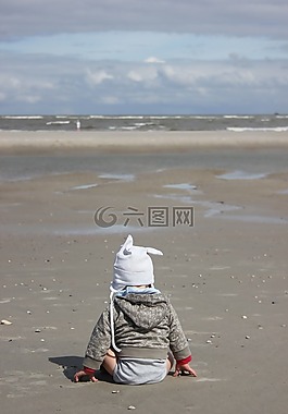 孩子,海灘,北海