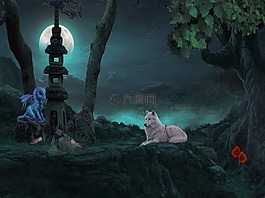 幻想,狼,月亮