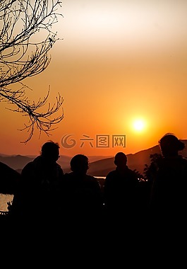 家庭,湖,日落