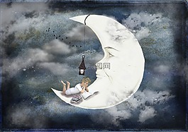 月球,男孩,圖書