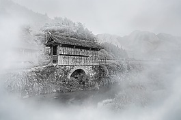 薄霧,廊橋,山村