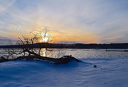 日落,雪,湖