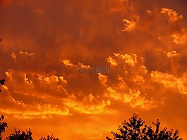 日落,紅色,云