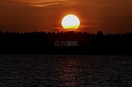 日落,湖,氣氛