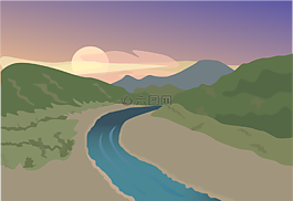 日落,河,山