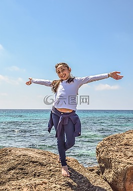 女孩,海,地平線