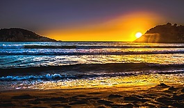 夕陽,海,波