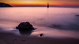 日落,水,黃昏