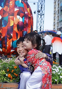 孩子們的,花,擁抱
