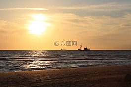 船舶,日落,北海