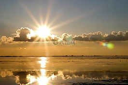 海岸,日落,云