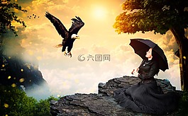 女孩,黑,鷹
