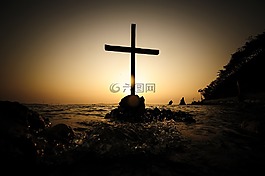 海,日落,海灘