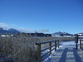 冬天,阿爾卑斯山全景圖,湖