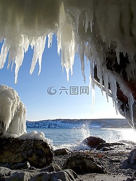 太平洋,海灘,冰柱