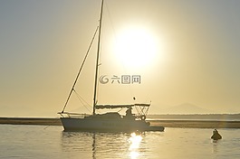 小船,海滩,日落