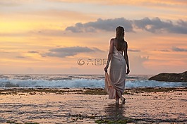 日落,海灘,女子
