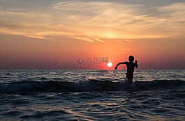 海滩,男孩,晚上