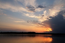 湖,日落,云