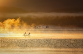 漁,霧湖,霧的早晨