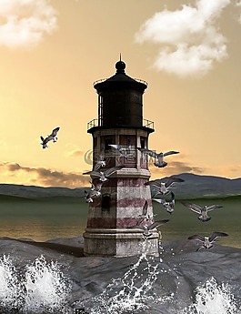 燈塔,海鷗,水