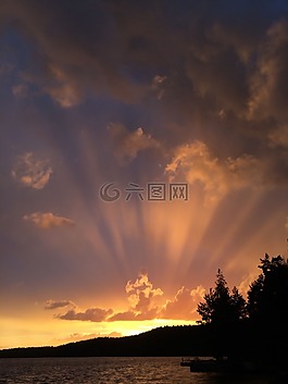日落,湖,芬蘭