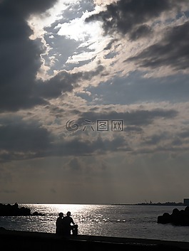 海,日落,剪影