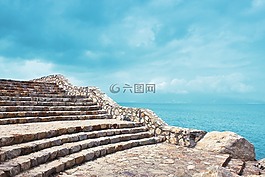 階梯,海岸,藍(lán)天
