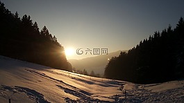 雪景,日落,雪