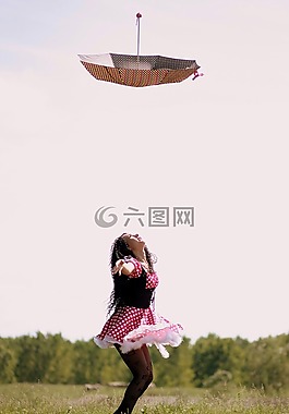 女孩,傘,飛行