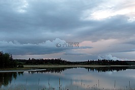 日落,湖,景觀