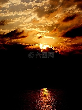 日落,湖,太陽