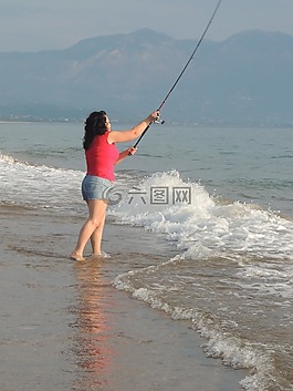 女子,釣魚,海