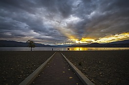 日落,湖,海灘