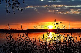 日落,湖,abendstimmung