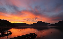 余輝,湖,日落