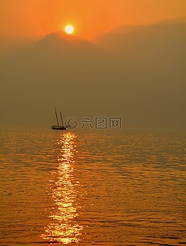 帆船,湖,日落